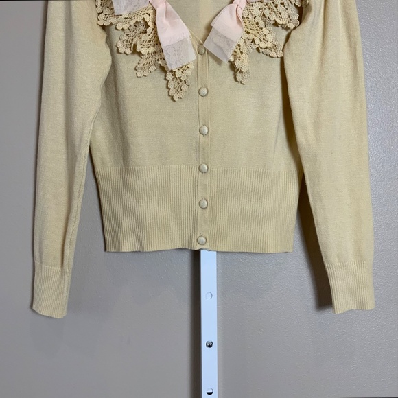 A’Reve Crochet Chiffon Bow V-neckline Cardigan Sweater - Picture 7 of 16